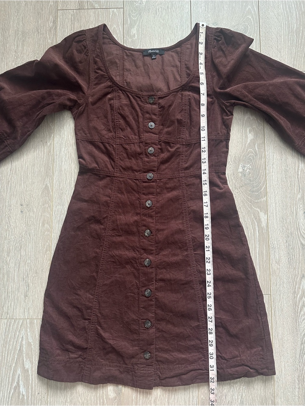 Madewell Dress Corduroy Seamed Long-Sleeve Mini Button Front Western Brown Sz 00 - Picture 12 of 13